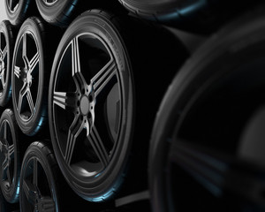 Fototapeta na wymiar 3d illustration. Four car wheels on black background. Poster or cover design.