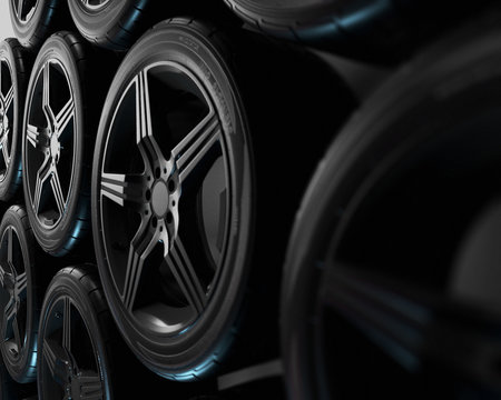 3d illustration. Four car wheels on black background. Poster or cover design.