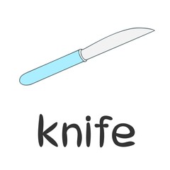 Children`s word card - english language: knife, kitchen, dishes, line art, cartoon illustration, vector outline, learning, vocabulary, education