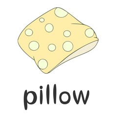 Children`s word card - english language: pillow, bed linen, bedclothes, line art, cartoon illustration, vector outline, learning, vocabulary, education