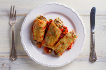 Stuffed cabbage leaves with meat, rice and vegetables. Chou farci, dolma, sarma, sarmale, golubtsy or golabki - popular dish in many countries. View from above, top studio shot