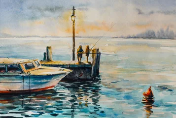 Fotobehang Two men fishing at dusk at the pier. Picture created with watercolors © dannywilde