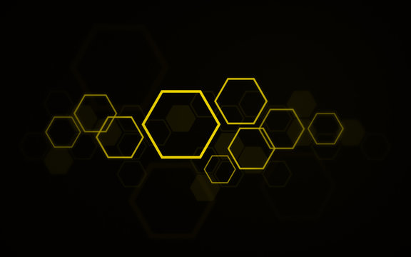 High resolution layered yellow hexagons, beehive honeycomb design art and design on black background.