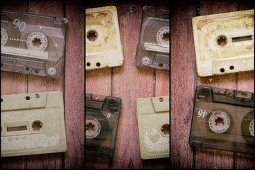 Old cassette tapes on the wooden table