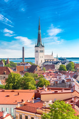 Tallinn in Estonia, panorama of the medieval city with Saint-Nicolas church, colorful houses and...