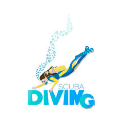 Naklejka na ściany i meble SCUBA DIVING. Young woman in a diving suit and fins swimming underwater with an aqualung. Poster with an image on on a white background. 