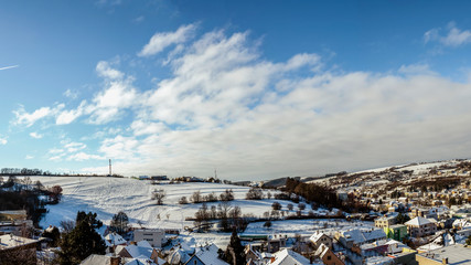 Panoramic view on Czech winter spa and ski village Luhachovice