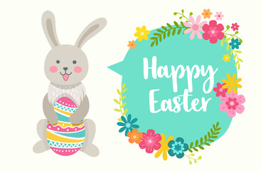 Happy Easter. Cartoon style easter cute vector bunny, eggs and flowers greeting card