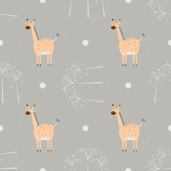 Fototapeta premium Seamless pattern funny cartoon giraffe with palm trees on nature