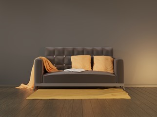 Interior with dark sofa and dark wall with pillows and a blanket on a wooden floor. 3D rendering.