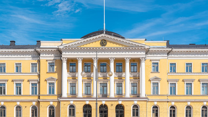 Fototapeta na wymiar Helsinki, beautiful colorful building in the center, typical facade 
