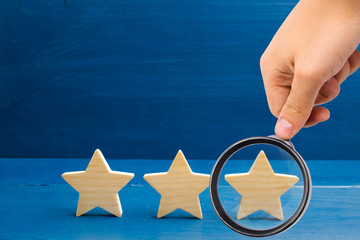 Magnifying glass is looking at the rating of the hotel, restaurant, mobile application. Three stars...