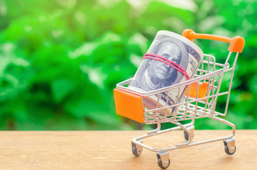 supermarket trolley on a green background. The concept of shopping online. Place market, commerce, Internet commerce. Ordering goods and services through the network, payment in electronic form.