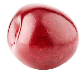 Single ripe cherry without stem isolated on white background with clipping path