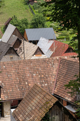 Traditional eastern europe rural architecture in countryside. Rural scene of old houses in village.