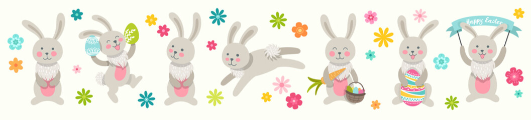 Set of cute Easter cartoon characters rabbits and design elements flowers. Easter bunny and flowers. Vector illustration.