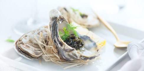 Fresh oysters with black caviar. Opened oysters with black sturgeon caviar. Gourmet food. Delicatessen