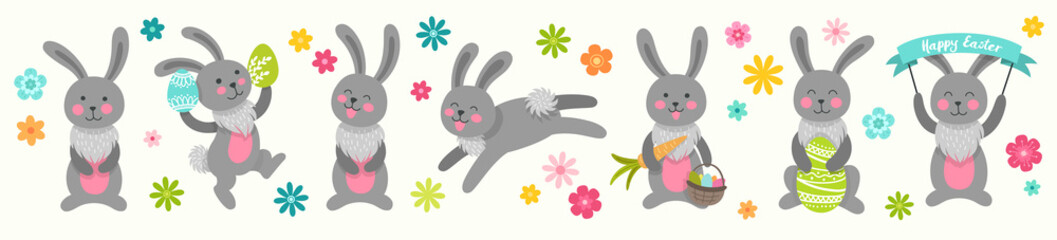 Obraz na płótnie Canvas Set of cute Easter cartoon characters rabbits and design elements flowers. Easter bunny and flowers. Vector illustration.