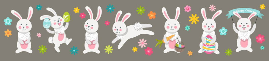Fototapeta premium Set of cute Easter cartoon characters rabbits and design elements flowers. Easter bunny and flowers. Vector illustration.