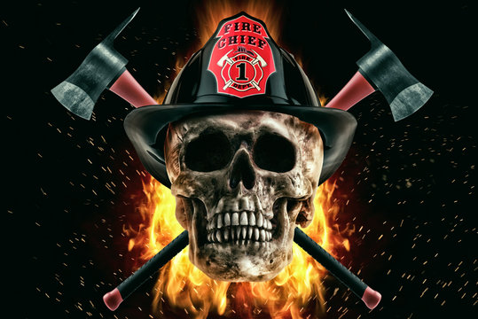 Firefighter skull and axe in fire on a black background. Photo manipulation artwork, 3D rendering.