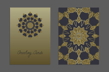 Luxury Templates for greeting and business cards, brochures, covers with gold glitter in ethnic style. Oriental pattern. Mandala. Wedding invitation, save the date, RSVP. Arabic, Islamic, asian motifs