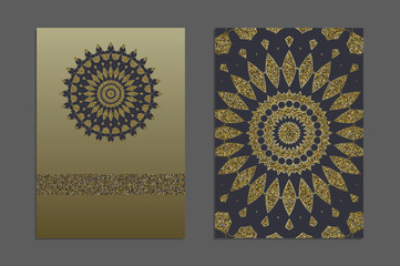 Luxury Templates for greeting and business cards, brochures, covers with gold glitter in ethnic style. Oriental pattern. Mandala. Wedding invitation, save the date, RSVP. Arabic, Islamic, asian motifs