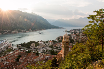 Sun Sitting over the Mountains of Kotor Bay, Montenegro