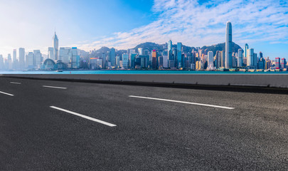Air highway asphalt road and office building of commercial building in modern city