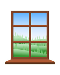 View of the spring landscape from the window with a brown frame. From the window you can see green fields, trees and blue sky. Vector illustration. 