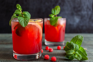 Non-alcoholic homemade drink from viburnum. Close-up drink
