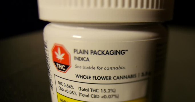 Product label on Legal Marijuana cannabis container in Canada.