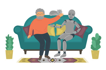 Senior man talking with domestic robot on sofa