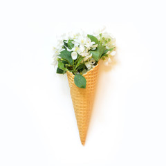 Creative still life of white spring flower in waffle cone on white. Spring concept. Top view.