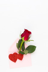 Red rose flowers on white background. Flat lay, top view, copy space.
