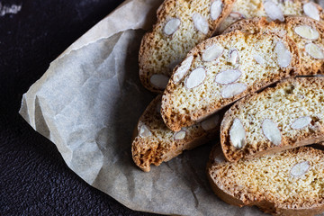 Biscotti or Cantuccini with almond. Traditional Italian double baked cookies.