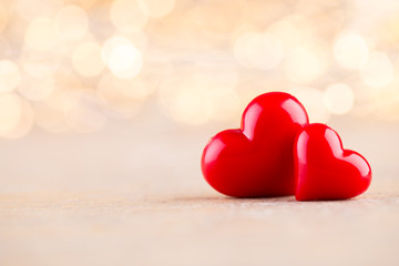 Red heart bokeh background, valentine day greeting card.