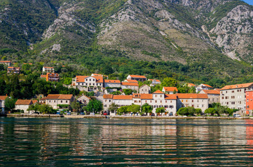 Fototapeta na wymiar Beautiful view of the shores of Kotor Bay in Montenegro. September 22, 2018