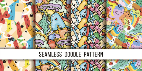 Fototapeta na wymiar Collection of funny doodle monsters seamless pattern for prints, designs and coloring books