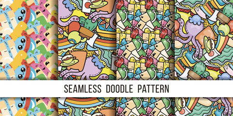 Collection of funny doodle monsters seamless pattern for prints, designs and coloring books