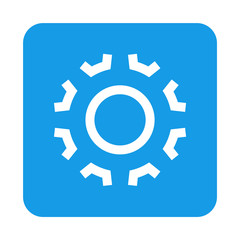 Icono plano engranaje lineal en espacio negativo en cuadrado azul