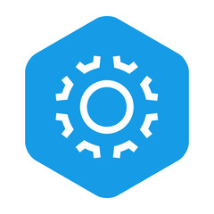 Icono plano engranaje lineal en espacio negativo en hexágono azul