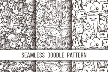 Collection of funny doodle monsters seamless pattern for prints, designs and coloring books