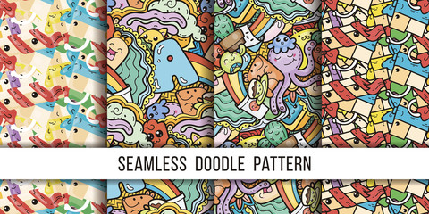 Collection of funny doodle monsters seamless pattern for prints, designs and coloring books