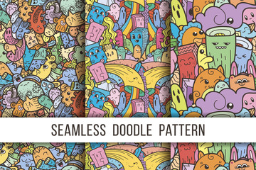 Collection of funny doodle monsters seamless pattern for prints, designs and coloring books