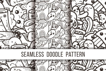 Collection of funny doodle monsters seamless pattern for prints, designs and coloring books