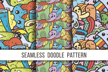 Collection of funny doodle monsters seamless pattern for prints, designs and coloring books