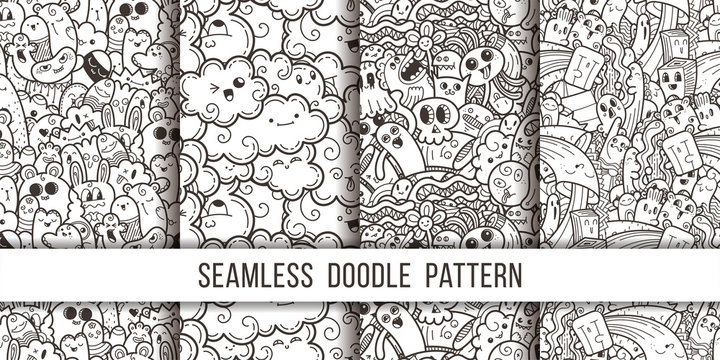 Collection of funny doodle monsters seamless pattern for prints, designs and coloring books