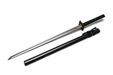Japanese straight sword steel fitting and black cord with shiny black scabbard on white background.