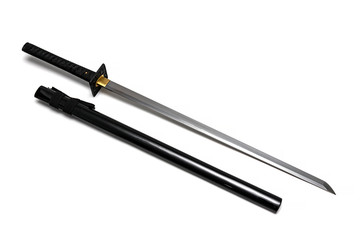 Japanese straight sword steel fitting and black cord with shiny black scabbard on white background.