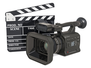Naklejka premium Cinema concept. Professional video camera with clapperboard, 3D rendering